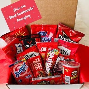 Red Care Package, Bestie Basket, Birthday Boxes, Birthday Gift Friend, Gamer Boyfriend, Secret Sister, Valentine's Day Gift Baskets, Diy Best Friend Gifts, Vday Gifts