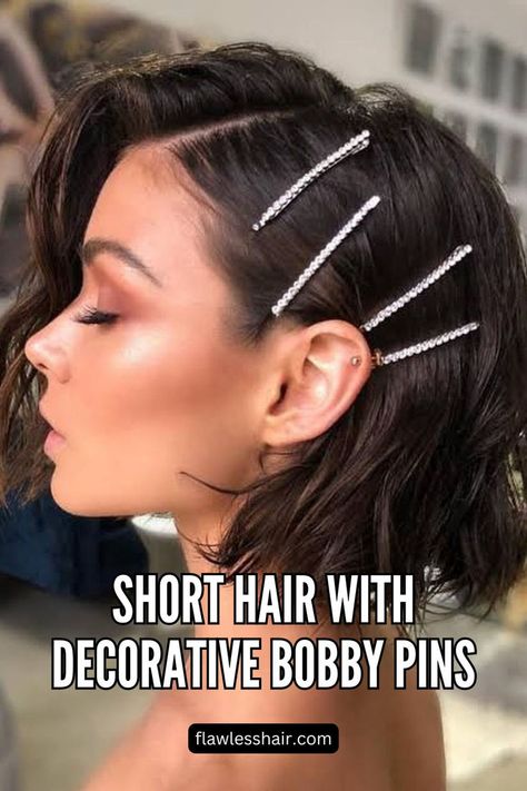 Short Hair With Decorative Bobby Pins Teacher Hairstyles, Pin Hairstyles, Decorative Bobby Pins, Deep Side Part, Side Part Hairstyles, Bobby Pin Hairstyles, Bobby Pin, Side Part, In The Classroom