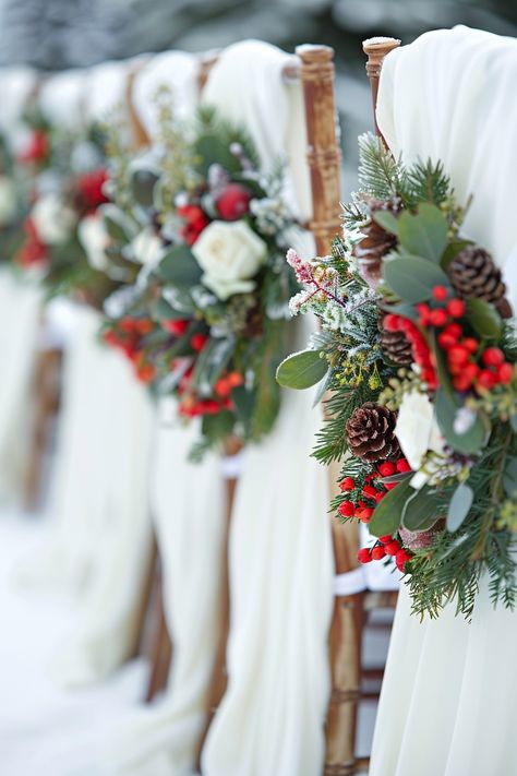 Add a sprinkle of festive magic to your big day 🌿✨ with miniature wreaths on chair covers. Berries and lush greenery create a whimsical vibe for guests. Perfect for winter nuptials or a nature-inspired theme! 🌸🍃 #WeddingInspiration #ChairDecor #WeddingDetails #FestiveTouch #MiniWreaths #WeddingGreenery #DIYWedding #CharmingWeddings Christmas Wedding Chair Decorations, Miniature Wreaths, Christmas Bride, Snowy Wedding, Fox Wedding, Christmas Romance, Wedding Chair Decorations, Chair Decor, Enchanted Evening