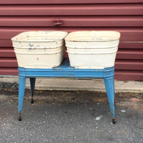 Vintage WHEELER Galvanized Double Wash Tubs with Stand, Mid Century Metal Tubs, Rustic Planter, Party Cooler, Primitive Industrial, Shabby Party Cooler, Wringer Washer, Rustic Planter, Garden Sink, Metal Tub, Rustic Planters, Tub Ideas, Wash Tubs, Recycled Items