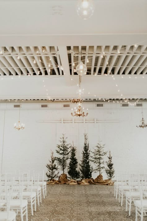 Winter Wedding Venue Decorations, Christmas Wedding Ceiling Decor, Wedding Backdrop Christmas, Winter Wedding Pine Tree Decor, Pine Winter Wedding, Christmas Wedding Alter Ideas, Romantic Winter Wedding Flowers, Winter Wedding Styling, Winter Wedding Ceremony Arch