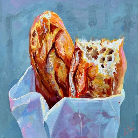 Alai✨Oil painter on Instagram: "🥖 Baguette for #foodpaintchallenge ➡️ Swipe for reference, a little video 🎥 and rules 💪 ▫️The #foodpaintchallenge has only one rule: to use the same given reference picture(a) and give their interpretation of it. ▫️Let us see your version! For participating tag the hosts @dennispfeil.art and @alaiganuza so we can see your submission too ♥️ ▫️From Friday to Friday. Of course you can paint old entries as you want. They are there to practise! 💪 ✨Available! 🎨Oil painting on a 20x20 cm - 8x8 in a wooden panel! #bread #baguette #paintingvsphoto #foodpainting #painterly #oilpainting #oilpainter #boldbrush #boldcolors #stilllifepainting #baguettes #glasspalette #paintingtechniques" Bread Baguette, Starry Night Painting, Food Painting, Wooden Panel, Acrylic Painting Techniques, Creative Painting, Oil Painters, Poster Colour, Night Painting