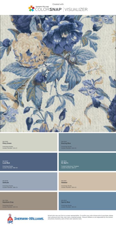 Cream Blue Color Palette, Beige And Blue, Sky Blue Complimentary Colors, Warm Blue Color Palette, Brown And Blue Living Room, Exterior Color Palette, Maple Floors, Porch Planters, Shabby Home