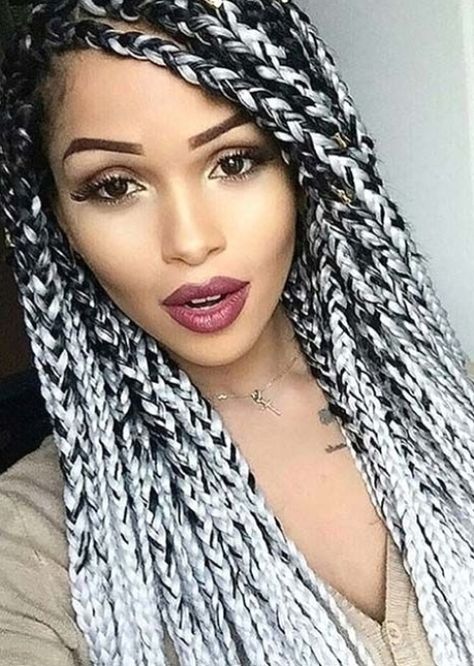 Awesome Box Braids Hairstyles: Long Black & White Box Braids #easyhairstyle #hairstyleideas #cutehairstyle Yarn Braids Styles, Grey Box Braids, Box Braids Pictures, Ombre Box Braids, Blonde Box Braids, Short Box Braids, Jumbo Box Braids, Long Box Braids, Try On Hairstyles