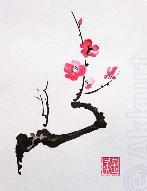 Japanese Watercolor Paintings, Sumie Painting, Chinese Painting Flowers, Japanese Ink Painting, Chinese Drawings, Cherry Blossom Painting, Butterfly Art Painting, Sumi E Painting, Japanese Watercolor