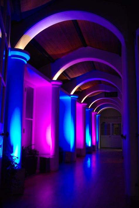 The Collonade lit with blue and pink uplighters Building Reference, Warehouse Interior, Soul Punk, Planet Coaster, Creative Office Space, Nightclub Aesthetic, Nightclub Design, Photo Frame Wallpaper, 21 Birthday