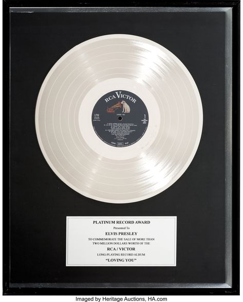 Elvis Presley Loving You Platinum Record Award (RCA/Victor | Lot #90260 | Heritage Auctions Platinum Album Plaque, Platinum Record, Vinyl Record Crafts, Record Wall Art, Record Crafts, Award Ideas, Love You Images, Neo Soul, Loving You