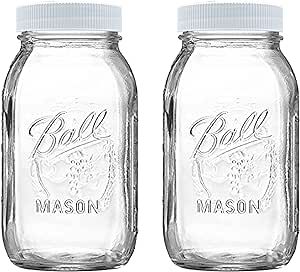 Regular Mouth Mason Jars 32 oz - (2 Pack) - Ball Regular Mouth 32-Ounces Quart Mason Jars with White M.E.M Food Storage Plastic Lids, Caps Fit Ball and Kerr Regular Mouth - For Storage, Freezing, Leak Kerr Mason Jars, Plastic Mason Jars, Pint Mason Jars, Wide Mouth Mason Jars, Ball Mason Jars, Jelly Jars, Plastic Lids, Mason Jar Lids, Canning Jars