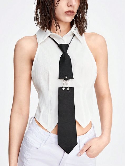 1pc Sweet & Cool Personality Butterfly Linked Neck Tie,School Black Casual   Polyester Plain    Women Accessories, size features are:Bust: ,Length: ,Sleeve Length: How To Tie Womens Neck Tie, Womens Neck Tie, Neck Tie Women, Womens Ties, Cool Personality, Beaded Tie, Tie Women, Women Tie, Grunge Punk