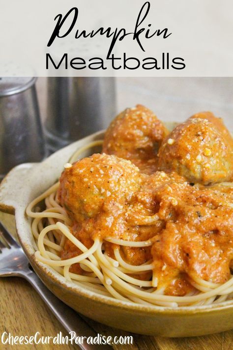 Pumpkin Meatballs in a Creamy Tomato Sauce and a delicious start to the fall season. Pumpkin added to the meatballs and the sauce creates a savory and delicious dinner! #pumpkin #pumpkinweek #beef Pumpkin Meatballs, Hearty Fall Meal, Cheese Curd, Pumpkin Lasagna, Malai Kofta, Savory Pumpkin Recipes, Pumpkin Custard, Crock Pot Meatballs, Pumpkin Pasta