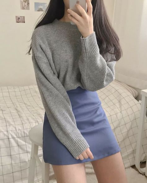 #looks #fashion #outfit #2019 #trend #spring2019 #woman #buy #sweater Blue Mini Skirt Outfit, Light Blue Mini Skirt, Tips For Teens, Pastel Princess, Mini Skirt Outfit, Mode Ulzzang, Korean Fashion Ideas, Blue Mini Skirt, Travel Outfits