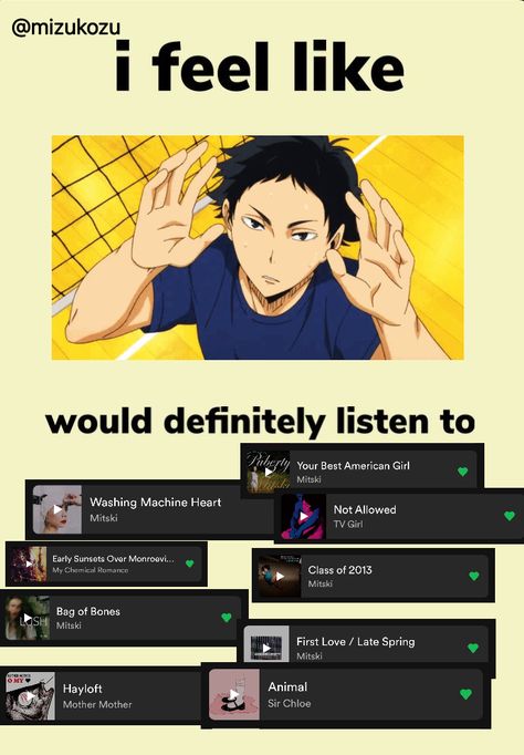 Songs For Characters, Akaashi Keiji Kinnie, Anime Songs Playlist, Playlist For Him, Haikyuu Akaashi, Song Suggestions, Song Recommendations, Akaashi Keiji, Music Recommendations