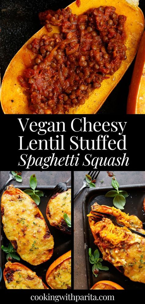 image of vegan cheesy lentil stuffed spaghetti squash recipe Spicy Spaghetti Squash, Vegan Spaghetti Squash Recipes, Fall Inspired Dinner, Spaghetti Squash Vegan, Spicy Lentils, Spaghetti Squash Bake, Vegan Spaghetti Squash, Squash Bake, Stuffed Spaghetti Squash