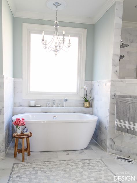 Free standing tub in marble tile master bath from Deeply Southern Home Replace jacuzzi tub with freestanding tub #diy #bathroomrenovation Herringbone Floor, Master Bath Remodel, Bath Room, Bathroom Renos, Traditional Bathroom, Free Standing Bath, House Bathroom, Bathroom Remodel Master, Bath Tub