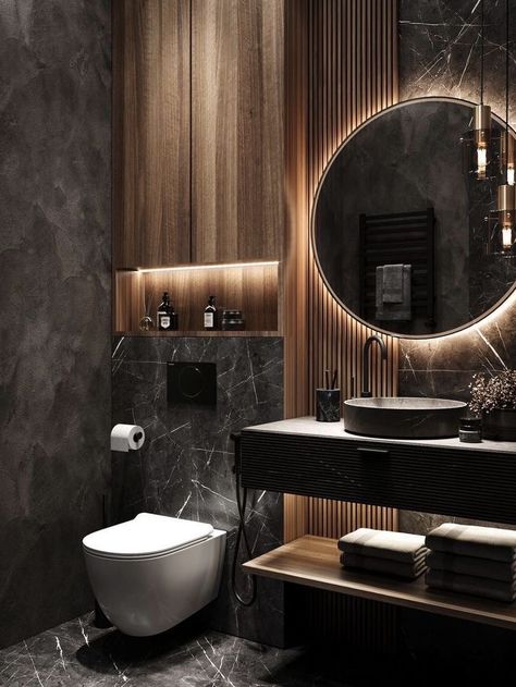 Small Luxury Toilet, Dark Toilet Design, Resort Bathroom, New Bathroom Designs, Luxury Toilet, Dark Bathrooms, Bathroom Decor Luxury, Powder Room Design, Design 2023