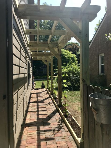 Pergola Walkway Ideas, Pergola Pathway Ideas, Side Yard Pergola Walkway, Pergola Covered Walkway, Arbor Walkway Entrance, Pergola Over Walkway To Front Door, Pergola Over Walkway, Walkway Cover Ideas, Pergola Walkway Attached To House