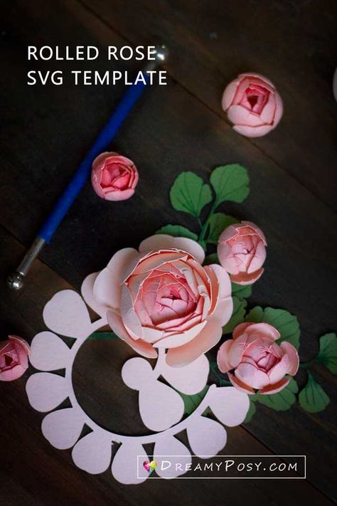 Rolled rose paper flower tutorial and SVG,PDF template Paper Flower Rose Template, Silhouette Paper Projects, Small Paper Flowers Diy Template Free Printable, Cricut Giant Paper Flowers, Rolled Flower Template, Paper Rose Template, Rolled Paper Flowers, Rose Paper, Paper Flower Art