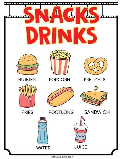 Movie Printables Free, Movie Night Package, Movie Night Printables, Backyard Movie Night Party, Movie Theater Snacks, Snack Pictures, Pretend Play Printables, Printable Signs Free, Popcorn Stand