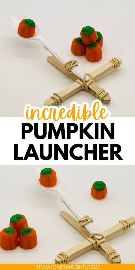 Want to make the best STEM challenge ever this fall? Make a pumpkin launcher! This popsicle stick catapult only needs craft sticks and rubber bands to make an incredible catapult that really launches! The perfect STEM activity for preschool, kindergarten, kids of all ages. Turn a science experiment into a game as you see how far you can send candy pumpkins flying! Kids activity, kids rainy day activity, science activity, all around fun! Hands on learning for homeschool science or in the classroom. A must do for Halloween themes, Halloween STEM, fall STEM, and more! Team-Cartwright.com Pumpkin Catapult Kids, Fall Steam Activities For Preschoolers, Fall Fun Activities For Preschoolers, Fall Kindergarten Science, Fall Makerspace Activities, Fall Classroom Games For Kindergarten, Stem Catapult Challenge, Kindergarten Fall Game Ideas, Stem Hands On Activities