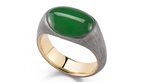 McTeigue & McClelland | andmade in distressed wrought iron and 18-karat yellow gold and centers on an 8-carat natural-jade cabochon ($55,000). Mens Jewerly, Great Barrington, Heirloom Jewelry, Its Fine, Heirlooms Jewelry, Greek Revival, Natural Jade, Wrought Iron, Floral Motif