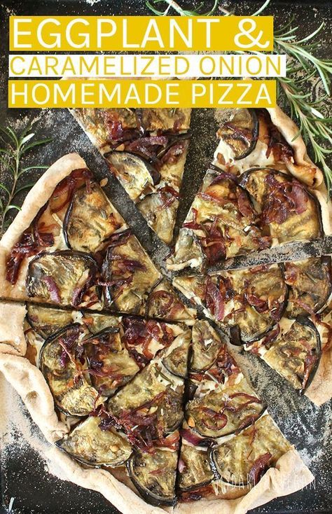 Pizza With Eggplant, Eggplant Flatbread, Eggplant Pizza Recipe, Aubergine Pizza, Caramelized Onion Pizza, Eggplant Pizza, Plating Food, Presentation Food, Vegan Pizza Recipe