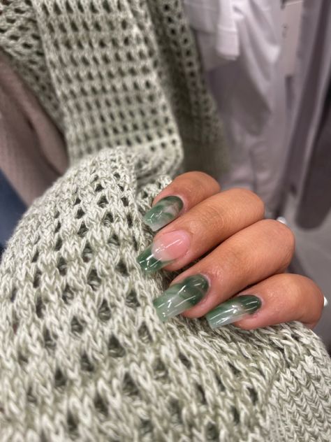 Modern Green Nails, Jade Green Nails Acrylic Short Almond, Green Marble Nails French Tip, Short Green Marble Nails, Marble Nails With French Tip, Light Green Marble Nails, Middle Finger Nail Design, Green Marbled Nails, Save Green Nails