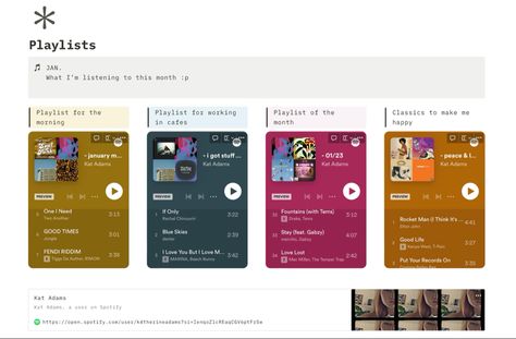 this is music page where i have previews and quick access to that month’s playlists, this is january’s :) Movies Notion Template, Notion Movie Template, Notion Playlists, Music Notion, Music Notion Template, Notion Spotify, Notion Music Template, Notion Entertainment Template, Library Notion