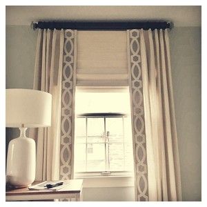 Trim Tape Curtains, Curtains With Tape Trim, Pinch Pleat Drapes With Trim, Drapery Panels With Tape Trim, Bedroom Curtains With Blinds, White Curtains Bedroom, Greek Key Trim Curtains, Drapery Treatments, Southern Decor