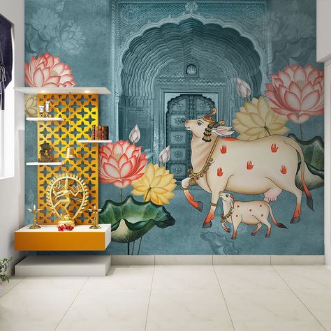 Wallpaper For Lobby, Pichwai Wallpaper, Pichwai Art Paintings, Indian Traditional Paintings, Creative Wall Painting, Wallpaper For Walls, Temple Design For Home, Pooja Room Door Design, Style Wallpaper