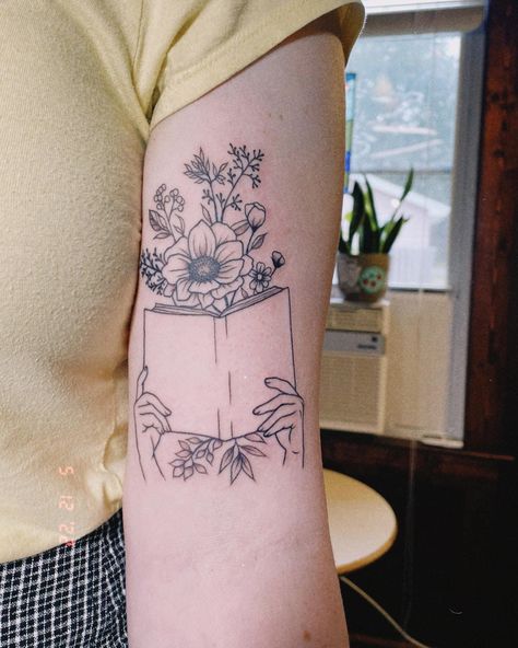 Book Lover Half Sleeve Tattoo, New Growth Tattoo, Books With Flowers Tattoo, Self Growth Tattoos For Women, Calf Muscle Tattoo For Women, Lady Flower Tattoo, Book Tattoo Simple, Juicebox Tattoo, Dreamer Tattoos