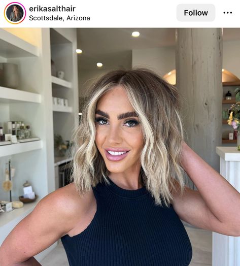 Dimensional Blonde Long Bob, Cool Blonde Balayage Short Hair, Bob Hair Inspiration, Blonde Short Hair Dark Roots, Sandy Blonde Hair With Money Piece, Ashy Blonde Lob, Short Bronde Haircolor Blondes, Short Brown To Blonde Hair, Reverse Balayage Bob