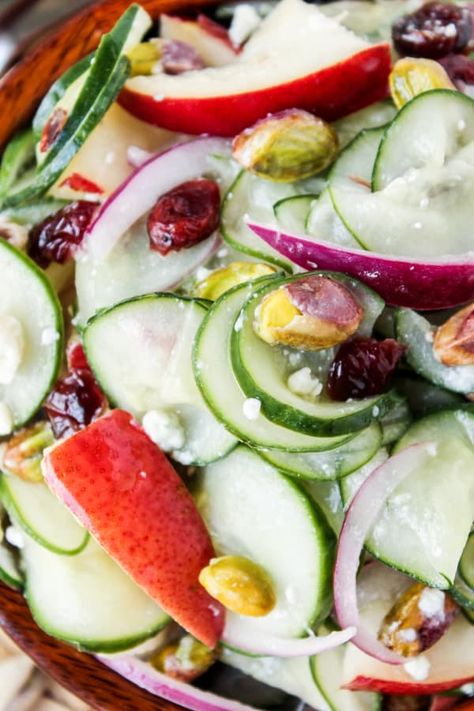 Pistachio-Pear Cucumber Salad - The Food Charlatan Healthy Cucumber Salad, The Food Charlatan, Autumn Side Dishes, Sliced Pears, Food Charlatan, Healthy Fall, Salad Dressing Recipes, Salad Bar, Cucumber Salad