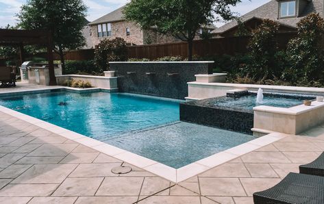 Dallas Geometric Pool Design Gallery Frisco, Plano pool Geometric Pool, Rectangle Pool, Pools Backyard Inground, Luxury Swimming Pools, Pool Shapes, Pool Water Features, Pool Remodel, Construction Companies, Modern Backyard Landscaping