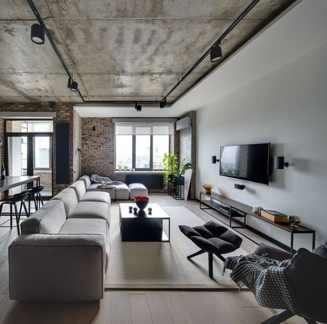 Aper Style™ on Instagram: “Ideas, fantasies and incarnations / @aper_style _________________________________________________ Unknown author. Photo from vk. com/i_des…” Light Sofa, Concrete Ceiling, Loft Stil, Loft Interiors, Casa Vintage, Urban Loft, Style Loft, White Brick, Design Del Prodotto