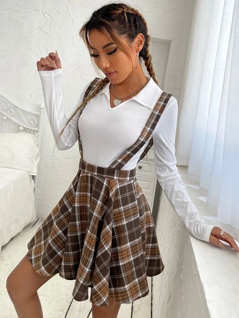 Overall Skirt Outfit, Checked Skirt Outfit, Skater Dress Outfit, Pinafore Skirt, Overall Skirt, Women Bottoms, Check Skirt, Europe Outfits, Top Moda