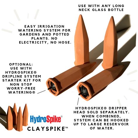 HydroSpike ClaySpike: Terracotta Plant Watering Spikes | HydroSpike® Watering Spikes, Spikey Plants Garden, Spike Plant, Copper For Plants, Purple Spike Plant, Plant Watering Can, Garden Watering System, Garden Irrigation System, Portable Garden