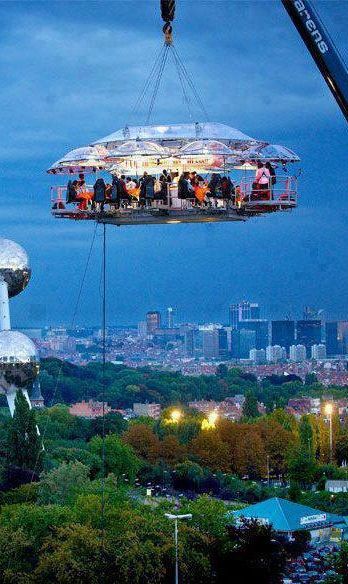 Hanging Restaurant, Belgium 50 meters above ground dining event arranged by a professional event arranger of Benji Fun company. It provides seating for 22 complete with Chef, server, musician and you can select your own location without limitation. Guaranteed safety with the hoisting crane which can accommodate a whole band of musicians Hanging Restaurant, Dinner In The Sky, Kamakura, Greenwich Village, I Want To Travel, Sapporo, Alam Semula Jadi, Fukuoka, Yokohama