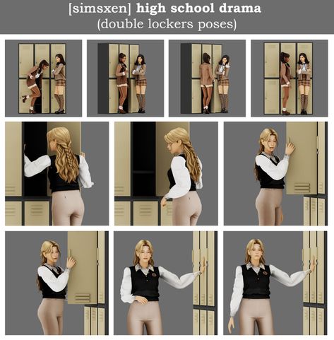 High School Drama - poses for double lockers | Patreon Ts4 High School Cc, Sims 4 Locker Cc, Sims 4 High School Poses, Sims 4 School Poses, School Poses, High School Lockers, Single Poses, Sims Poses, Ts4 Poses