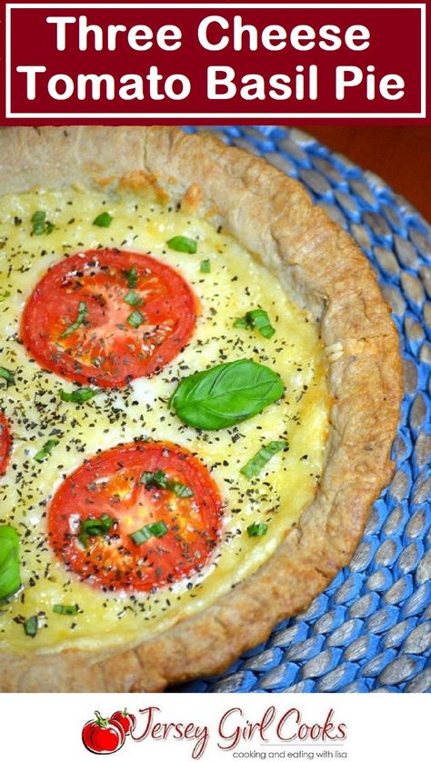 This Tomato Pie Recipe is made with three types of cheeses and basil. Using refrigerated pie dough makes this recipe super easy! #tomatopie #vegetarianrecipe Tomato Basil Pie, Basil Pie, Caprese Garlic Bread, Impossible Pies, Southern Tomato Pie, Tomato Pie Recipe, Dairy Recipes, Roasted Red Pepper Soup, Slow Roasted Tomatoes