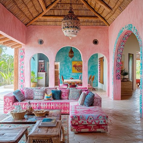 The living room in this Frida Kahlo-inspired Tulum home showcases pink accents, Moroccan rugs, and a blend of Mexican, Andalusian, and Mediterranean decor for a vibrant, eclectic space. Concept by @beyti.inspires #architecture #palace #black #morocco #tulum #mexico #interiores #interiordesign #dark #luxury #luxuryvilla #villatour #homeidea #luxuryhome #oriental #design #designer #deco #decor #decoration #decorate #decorating Eclectic Mediterranean Interior Design, Mexican House Aesthetic, Tulum Home, Lemon Italy, Mexican Room, Dark Luxury, Mediterranean Interior Design, Space Concept, Mediterranean Interior