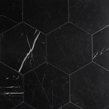 Nero Marquina Collection Marble Hexagon Tile Bathroom, Hexagon Marble Tile, Hexagon Tile Floor, Honed Marble Tiles, Entry Tile, Black Backsplash, Nero Marquina Marble, Moody Aesthetic, Hexagon Tile