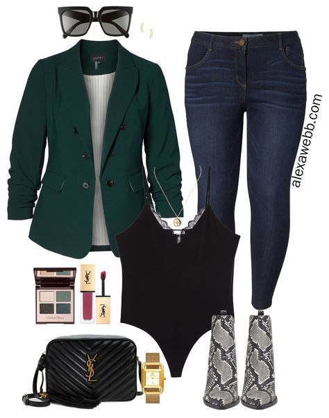 Plus Size Green Blazer Outfit - Alexa Webb Dark Green Blazer Outfit, Green Bodysuit Outfit, Green Blazer Outfit, Dark Green Blazer, Black Blazer Outfit, Alexa Webb, Blazer Outfits For Women, Winter Work, Business Casual Outfits For Women