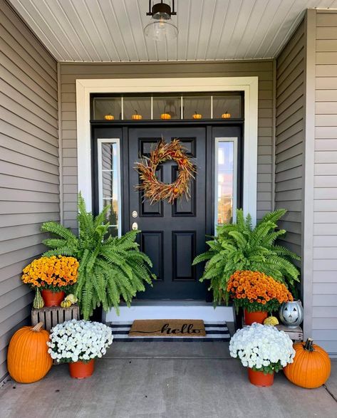 Front Porch Walk Way Ideas, Fall Front Porch Decor With Ferns, Fall Displays Outdoor, Fall Outdoor Planter Ideas, Fall Potted Plants, Fall Container Plants, Outdoor Planter Ideas, Plants For Shade, Fall Pots