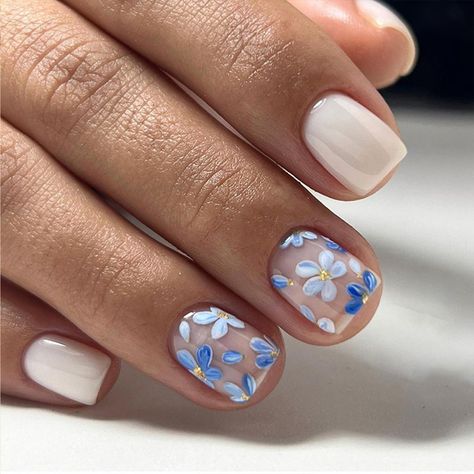 PRICES MAY VARY. [Package Content] You will get 24 pieces of IMSOHOT short square press on nails, a small clear box with glue, and you can trim it to any length you want~ [Quality Material] These blue flower press on nails are made of quality acrylic material, non-toxic and gentle to your nails and skin, durable and not easy to be scratched, will give you a nice manicure experience. [Easy to Use] After trimming and cleaning your nails, choose a false nail that is suitable for your own nail size, Really Short Nail Designs Gel, Nail Art For Short Nails Summer, Short Squoval Nails Design, Short White Nail Ideas, White Nails With Blue, Mexico Nails, Nails Blue And White, Really Short Nails, Press On Nails Blue