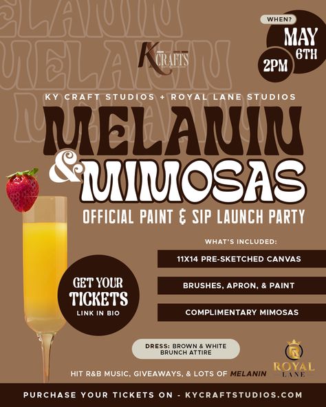 DALLAS, TX!! Experience a fun day of painting, R&B music, giveaways, and LOTS OF MELANIN! A﻿ttendees will be provided a Pre-Sketched Canvas of your choice at the event, paint, brushes, apron, and complimentary mimosas. We will also have a selfie booth, photographer, and giveaways happening at the event. Craft Studio Organization, Selfie Booth, Brunch Attire, Craft Studios, Party Tickets, R&b Music, Studio Organization, Paint And Sip, Craft Studio