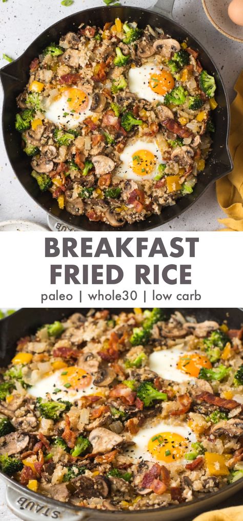 This is a delicious, savory, and super hearty breakfast fried rice made with cauliflower rice! It's paleo and low carb. Egg Fried Cauliflower Rice, Riced Cauliflower Breakfast Recipes, Cauliflower Rice Breakfast Bowl, Whole 30 Fried Rice, Breakfast Cauliflower Rice, Rice And Eggs Breakfast, Cauliflower Rice Breakfast, Breakfast Cauliflower, Rice Breakfast Recipes