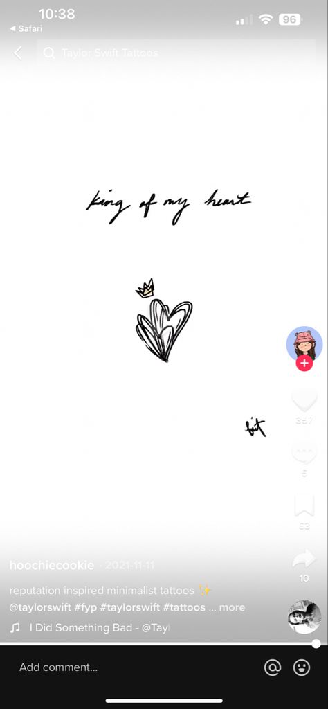 King Of My Heart Tattoo Taylor Swift, King Of My Heart Taylor Swift Tattoo, King Of My Heart Tattoo, King Of My Heart Taylor Swift, Minimalist Taylor Swift Tattoo, Heart Taylor Swift, My Heart Tattoo, Heart Bit, Song Tattoos