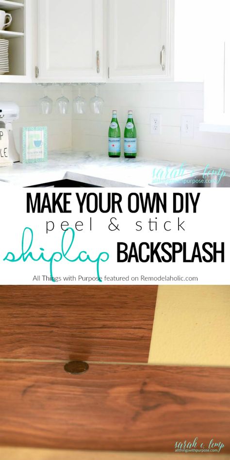 This DIY peel and stick shiplap backsplash tutorial is an easy and inexpensive way to give your kitchen some farmhouse style while sticking to your budget. Details from All Things with Purpose on Remodelaholic.com Inexpensive Backsplash Ideas, Ideas For Kitchen Backsplash, Kitchen Backsplash Diy, Peel And Stick Shiplap, Kitchen Renovation Diy Ideas, Stick Projects, White Kitchen Renovation, Backsplash Diy, Shiplap Kitchen