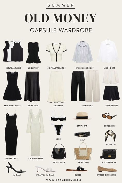 Learn how to curate an effortless and elegant old money summer capsule wardrobe for 2024. This old money summer wardrobe is so versatile and timeless with a list of casual, chic old money summer outfit ideas and I'm sharing 19+ of them! Classy Woman Aesthetic Outfit, Summer 2024 Summer Outfits, Summer Elegance Outfit, Classy Fashion Outfits Summer, Summer Fashion Essentials, Style Of Outfits, Old Fashion Outfits Ideas, European Old Money Aesthetic Outfits, Tops For Capsule Wardrobe