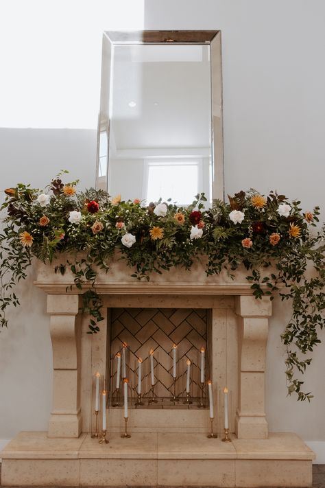 Fireplace Florals, Fireplace Candlesticks, Mantel Flowers, Fireplace Wedding, Wedding Mantle, Prom Decorations, Mantle Decorations, Mantle Garland, Prom Decor